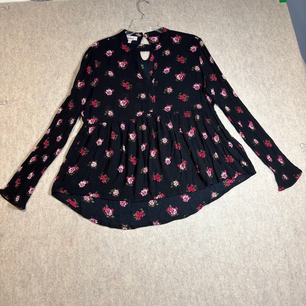 Bongo Floral Babydoll Top Womens XL Black Rayon Boho Keyhole Peplum Blouse Rose